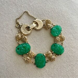 Vintage Green Faux Jade and Gold Tone Bracelet